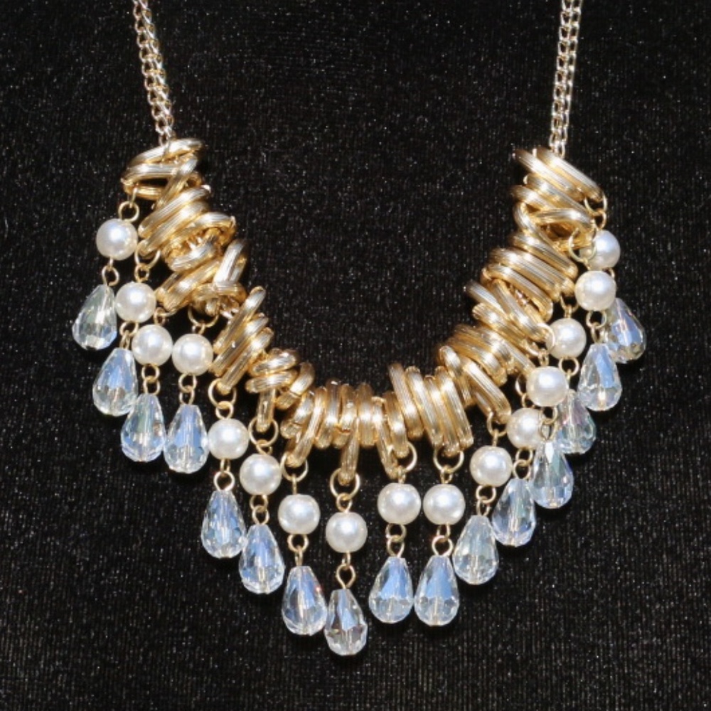 New! Petite Boho Pearl Crystal Goldtone Necklace